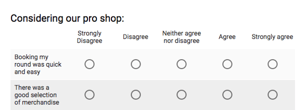 golf pro shop satisfaction survey questions